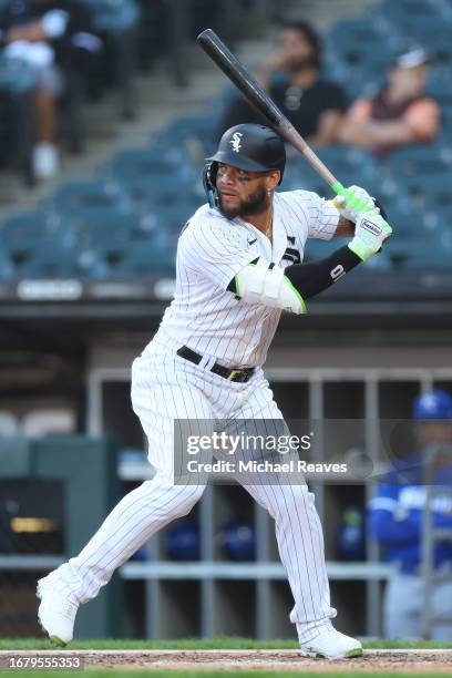 Yoan Moncada of the Chicago White Sox at bat against the Kansas City Royals at Guaranteed Rate Field on September 12, 2023 in Chicago, Illinois.