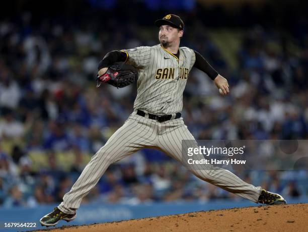 Blake Snell of the San Diego Padres pitches during he sixth inning against the Los Angeles Dodgers at Dodger Stadium on September 13, 2023 in Los...