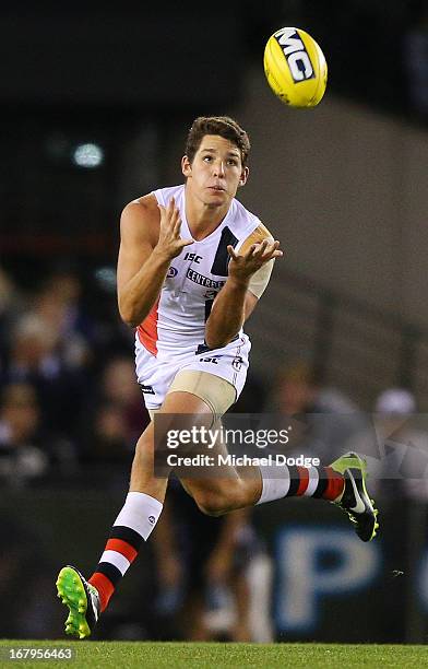 Arryn Siposs of the Saints marks the ball during the round six AFL match between the Collingwood Magpies and the St Kilda Saints at Etihad Stadium on...