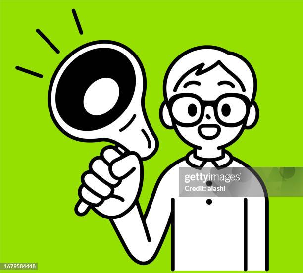a studious boy with horn-rimmed glasses talking through a megaphone, smiling and looking at the viewer, minimalist style, black and white outline, voice of knowledge, empowering education, spreading ideas, learning's echo - encourage stock illustrations