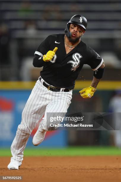 Yoan Moncada of the Chicago White Sox runs the bases against the Kansas City Royals at Guaranteed Rate Field on September 12, 2023 in Chicago,...