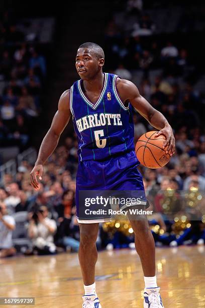 Anthony Goldwire of the Charlotte Hornets dribbles the ball against the Golden State Warriors during a game played on January 6, 1997 at the San Jose...