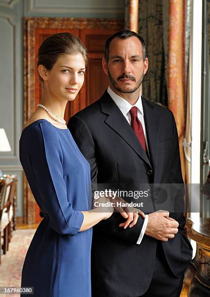 In this handout image provide by the Aga Khan Development Network, Prince Rahim Aga Khan and his fiance Kendra Spears pose on April 15, 2013 in...