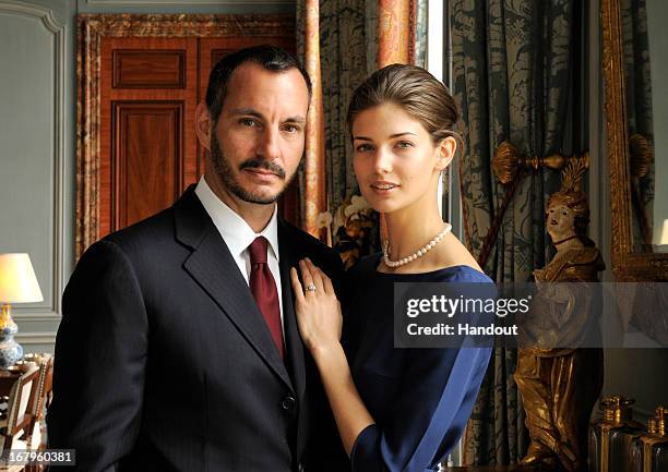 In this handout image provide by the Aga Khan Development Network, Prince Rahim Aga Khan and his fiance Kendra Spears pose on April 15, 2013 in...