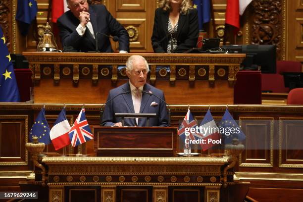 King Charles III addresses Senators and members of the National Assembly at the French Senate on September 21, 2023 in Paris, France. The King and...
