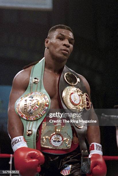 Mike Tyson gets ready for the fight against Tyrell Biggs at the Convention Hall on October 16,1987 in Atlantic City, New Jersey. Mike Tyson won the...