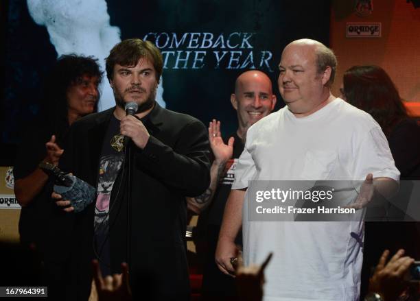 Jack Black, and Kyle Gass, of Tenacious receive an award at the 5th Annual Revolver Golden Gods Award Show at Club Nokia on May 2, 2013 in Los...