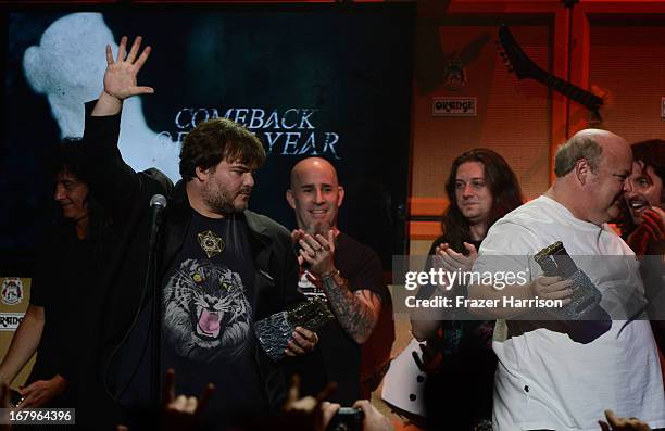 Jack Black, and Kyle Gass, of Tenacious receive an award at the 5th Annual Revolver Golden Gods Award Show at Club Nokia on May 2, 2013 in Los...