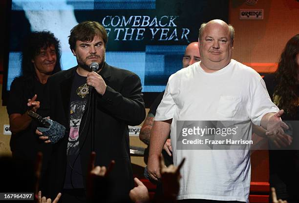 Jack Black, and Kyle Gass, of Tenacious receive an award at the 5th Annual Revolver Golden Gods Award Show at Club Nokia on May 2, 2013 in Los...