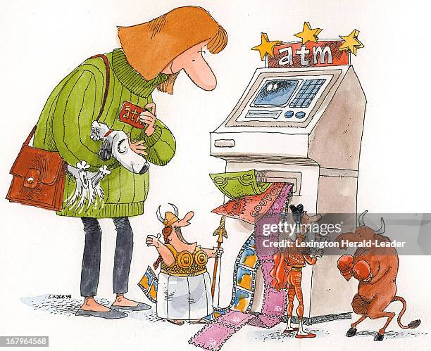 35p x 28p Chris Ware color illustration of woman using an ATM machine.