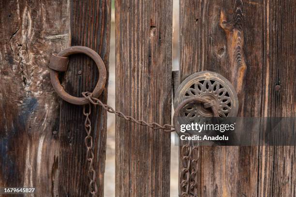 View of a different style doorknob of a traditional wooden mansion in Havran district of Balikesir, Turkiye on September 20, 2023. Havran is a member...