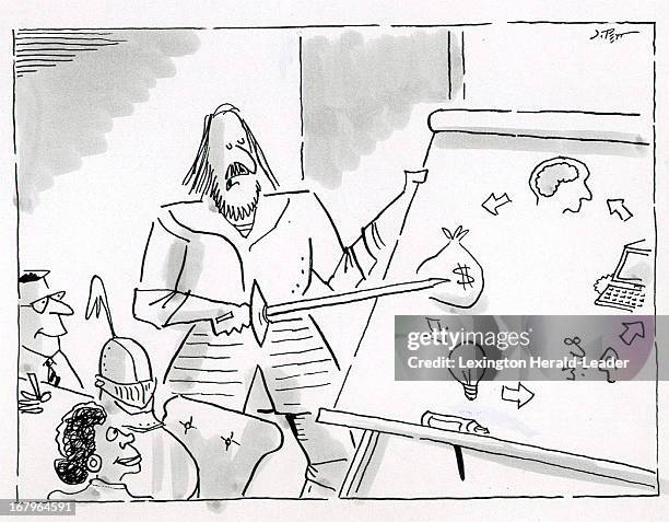 31p x 24p Joel Pett color illustration of "Knight of the Formica Table" explaining origin of a business idea to board of directors.