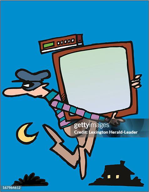 25p x 32p Chris Ware color illustration of thief running away with a television and cable box.