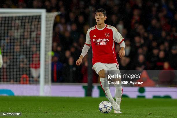 Takehiro Tomiyasu of Arsenal looks on during the UEFA Champions League Group B match between Arsenal and PSV at Emirates Stadion on September 20,...