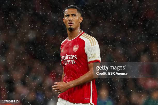 William Saliba of Arsenal in action during the UEFA Champions League Group B match between Arsenal and PSV at Emirates Stadion on September 20, 2023...