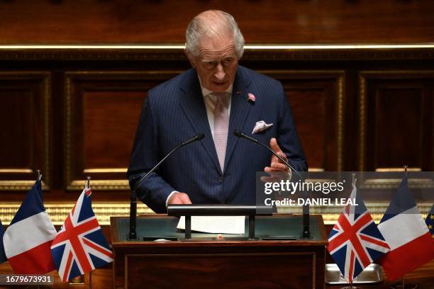 Britain's King Charles addresses Senators and members of the National Assembly at the French Senate, the first time a member of the British Royal...