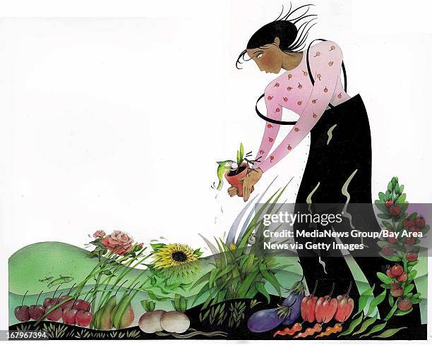 66p x 53p Sydney Fischer color illustration of a female gardener standing in a flooded vegetable and flower garden holding a potted plant with a fish...