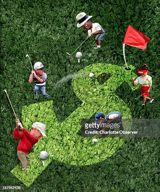 6p x 46p Stephanie Grace Lim color illustration of people playing golf on a dollar sign.