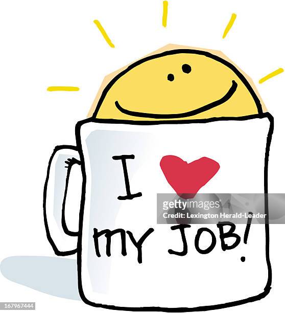 28p x 31p Chris Ware color illustration of a coffee mug labeled I love my job with a happy faced sunshine rising from the top.