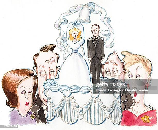 34p x 28p Camille Weber color illustration of in-laws eying each other over wedding cake: who will pay for it all?