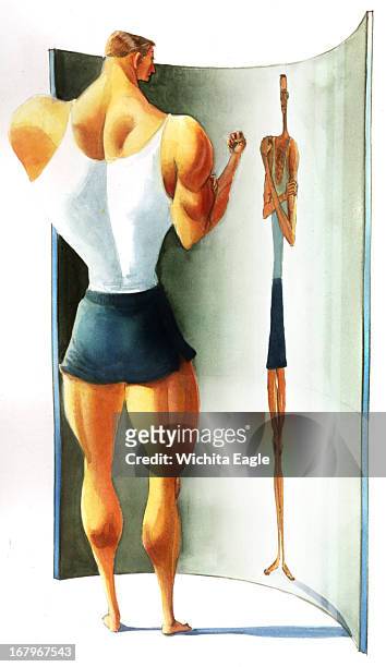36p x 62p Tim Ladwig color illustration of muscleman looking at skinny image of himself in a mirror.