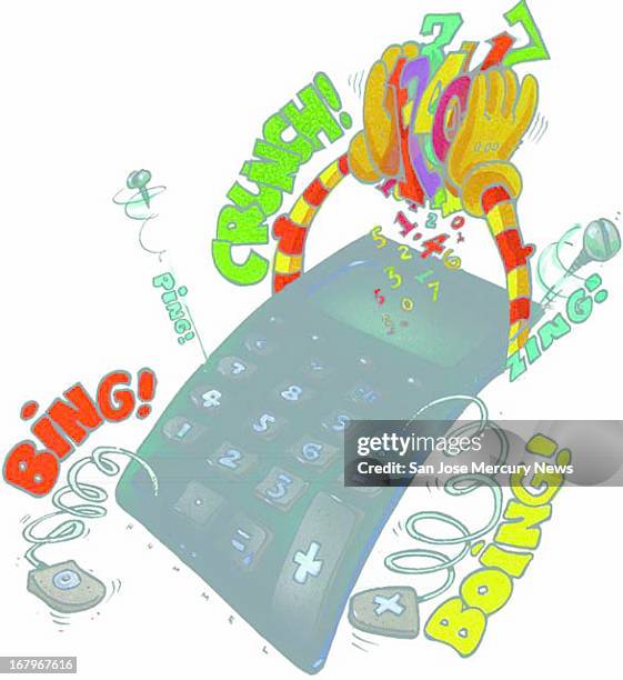 22p x 24p Jim Hummel color illustration of a pocket calculator with arms. It's crunching numbers together with its hands as keys and screws pop out...