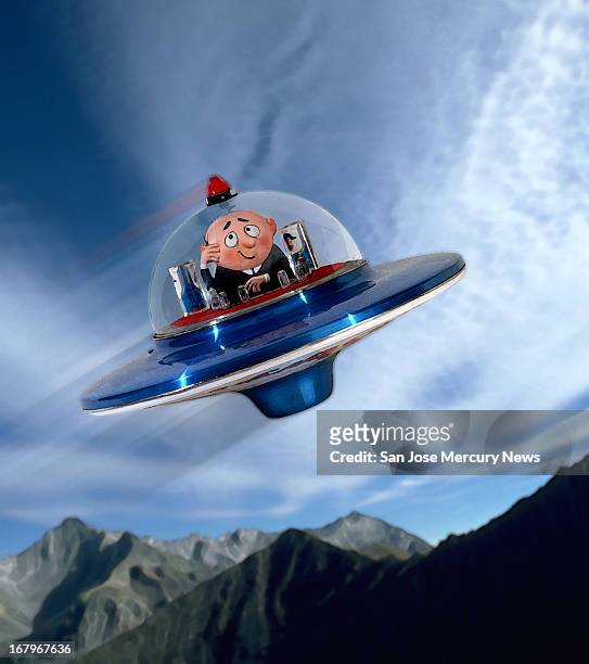 33p x 37p David Frazier color illustration of cartoon guy in a flying saucer.