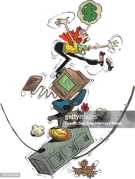 32p x 42p Jim Hummel color illustration of a woman balancing on a slack rope with objects symbolic of the office, clock, filing cabinet, etc, and...