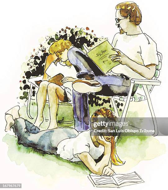 33p x 37p Liz Moore color illustration of man and children reading books outside.