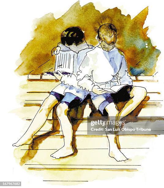 36p x 41p Liz Moore color illustration of boys reading on a staircase.