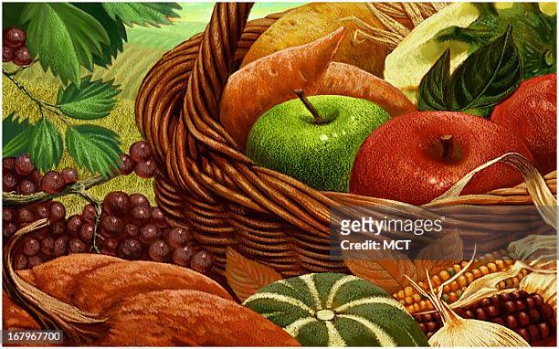 8p x 24p Keith Simmons color illustration of Thanksgiving harvest.