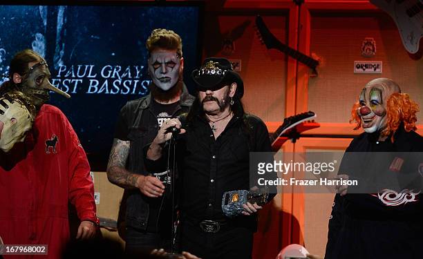 Slipknot with Musician Lemmy Kilmister at the 5th Annual Revolver Golden Gods Award Show at Club Nokia on May 2, 2013 in Los Angeles, California.