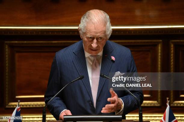 Britain's King Charles addresses Senators and members of the National Assembly at the French Senate, the first time a member of the British Royal...