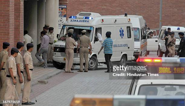 Ambulance carrying Pakistani prisoner Sanaullah, who was beaten up by other inmates in a Jammu Jail at PGI trauma center for medical treatment on May...