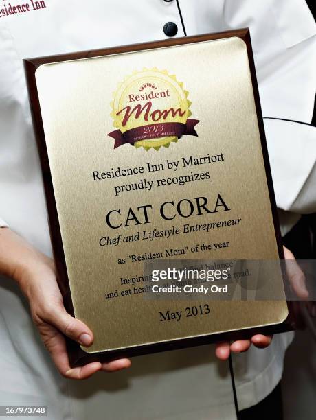View of recipient Cat Cora's award at the 2013 Resident Mom of the Year event at Residence Inn by Marriott on May 3, 2013 in New York City.