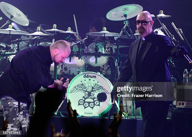 Ivan Moody and Rob Halford, perform at the 5th Annual Revolver Golden Gods Award Show at Club Nokia on May 2, 2013 in Los Angeles, California.