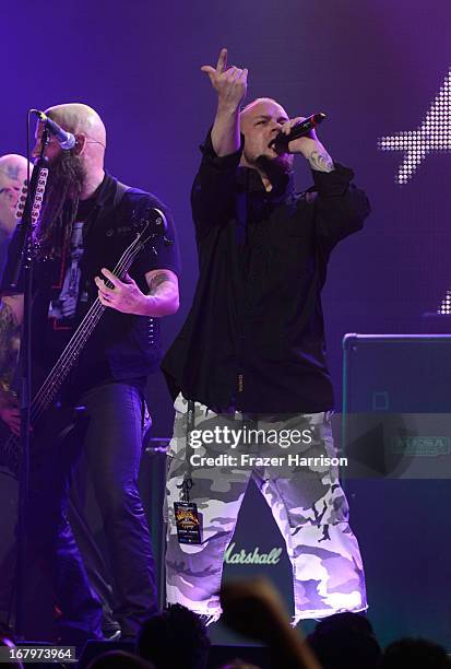 Five Finger Death Punch vocalist Ivan Moody performs at the 5th Annual Revolver Golden Gods Award Show at Club Nokia on May 2, 2013 in Los Angeles,...