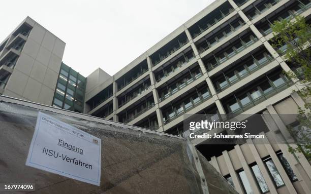 Provisional entrance tent for the press is seen in front of the Oberlandgericht Muenchen state courthouse three days before the NSU trial starts on...