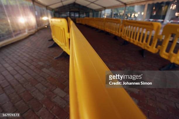 Provisional entrance tent for the press is seen in front of the Oberlandgericht Muenchen, Higher Regional Court Munich, three days before the NSU...