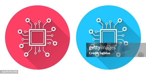processor. round icon with long shadow on red or blue background - quantum stock illustrations