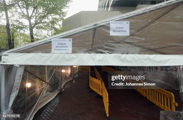 Provisional entrance tent for the press is seen in front of the Oberlandgericht Muenchen, Higher Regional Court Munich, three days before the NSU...