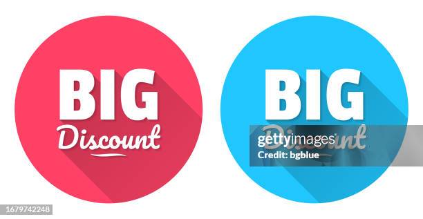 stockillustraties, clipart, cartoons en iconen met big discount. round icon with long shadow on red or blue background - big red button