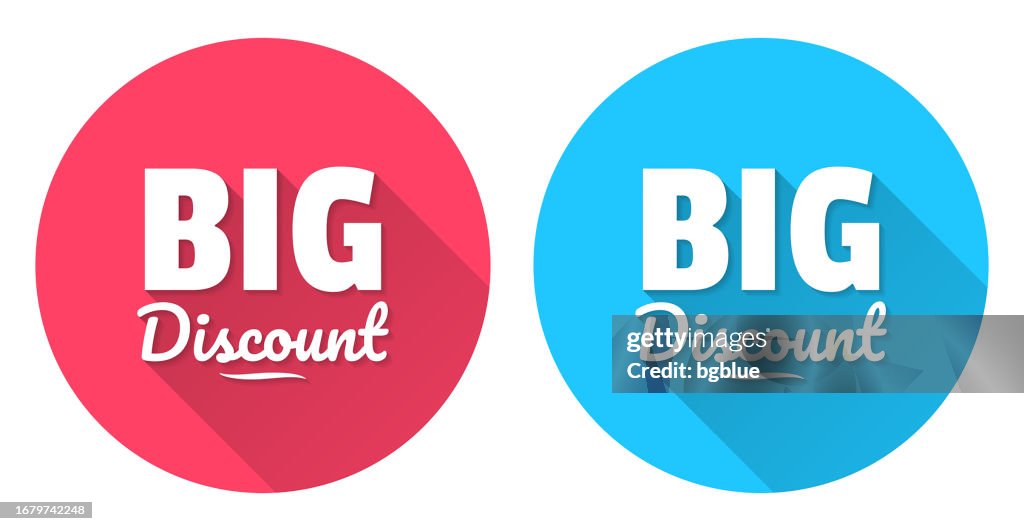 Big Discount. Round icon with long shadow on red or blue background