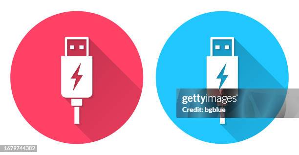 usb charging plug. round icon with long shadow on red or blue background - data cable icon stock illustrations