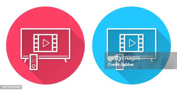 watch video on tv. round icon with long shadow on red or blue background - netflix stock illustrations