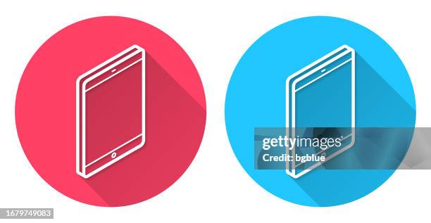 isometric tablet pc. round icon with long shadow on red or blue background - iphone blank screen stock illustrations