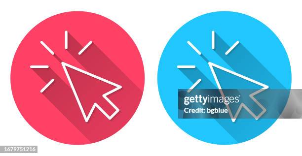 click. round icon with long shadow on red or blue background - 2 options vector stock illustrations