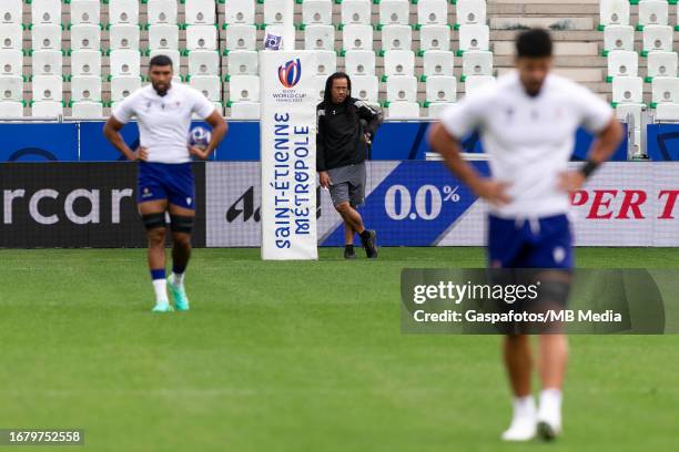 Tana Umaga assistant coach of Samoa looks on during their captains run ahead of their Rugby World Cup France 2023 match against Argentina at Stade...