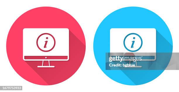 desktop computer with information sign. round icon with long shadow on red or blue background - two computer screens stock illustrations