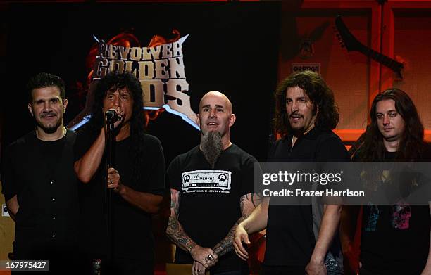 Anthrax on stage at the 5th Annual Revolver Golden Gods Award Show at Club Nokia on May 2, 2013 in Los Angeles, California.